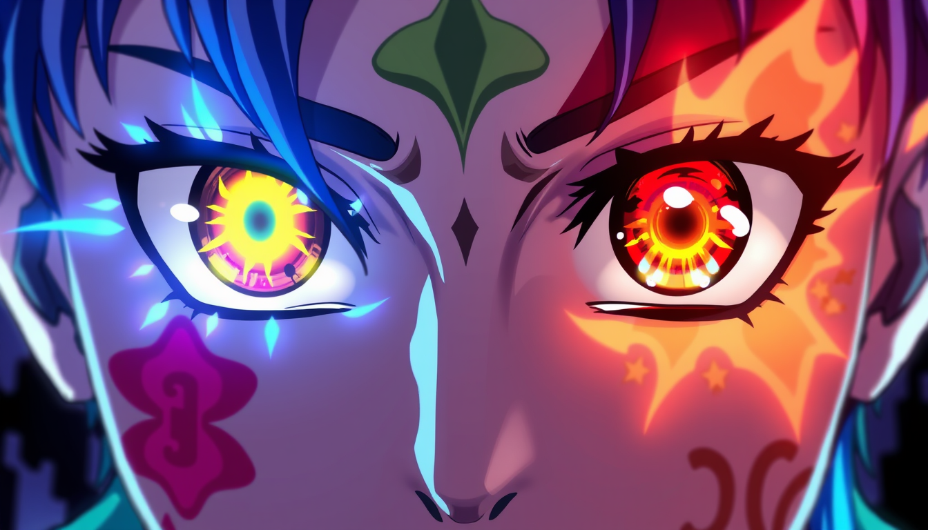 Anime idea: anime style, vibrant colors, expressive eyes, two supernatural eyes, both eyes glowing, matching special eyes, facial tattoos, Karma markings, extra e