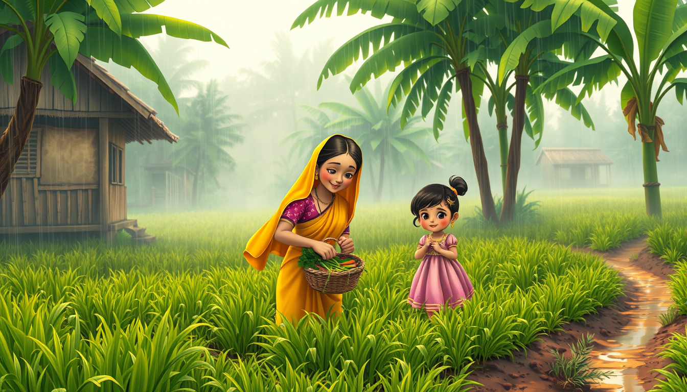 Main art studio: Cozy hand-painted anime village, gentle monsoon rain. Indian mother in yellow saree and young daughter in pink dress picking fresh vegetables in a gre