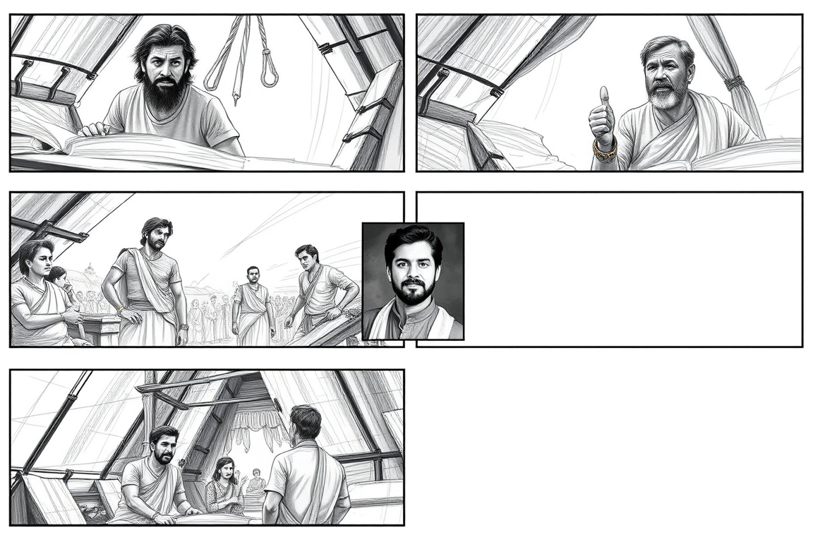 Storyboard idea created from the prompt: storyboard panels, cinematic shot sequence, clear camera angles, grayscale sketch layout, readable scene flow, Box 1: Lord Basavanna’s photo