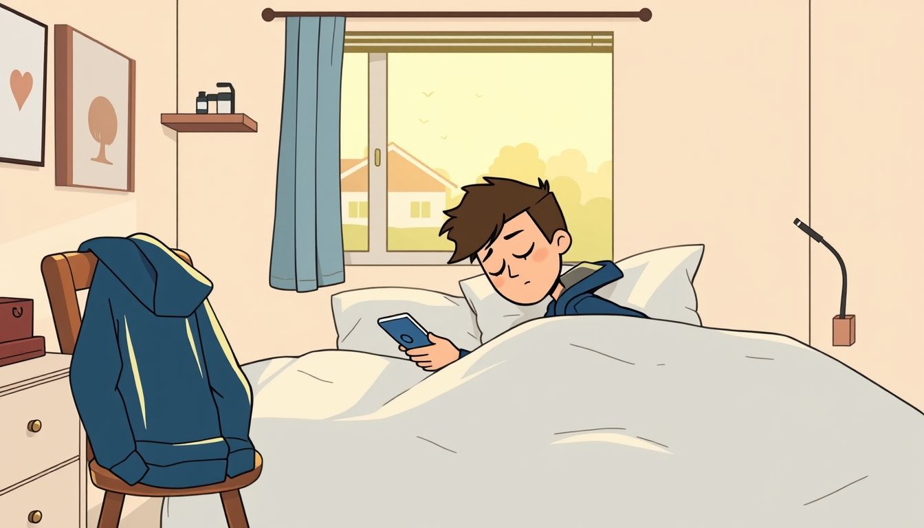 Main art studio: A teenage stickman named Alex sleeping peacefully in his bedroom on a Monday morning, lying in bed with his phone beside him, sunlight coming through 