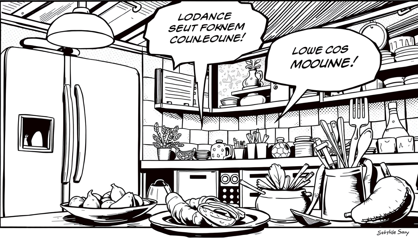 AI Comic idea created from the prompt: comic panel, bold inks, halftone shading, speech-bubble ready composition, Style bd 2d et assez simple, je veux un décor de cuisine avec de 