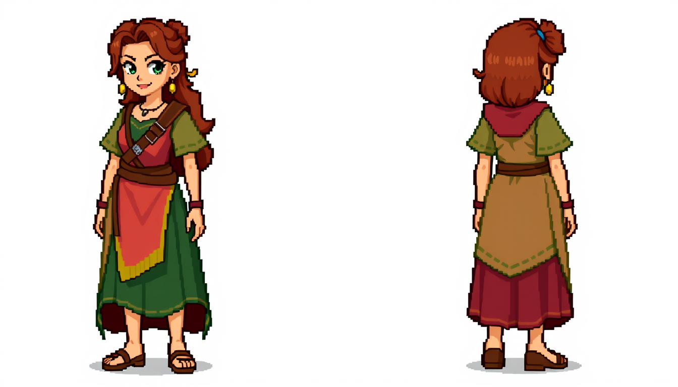 Main art studio: Use Roma as the reference character. Create the same character in four game sprite views: front view, left side view, back view, and right side view. 