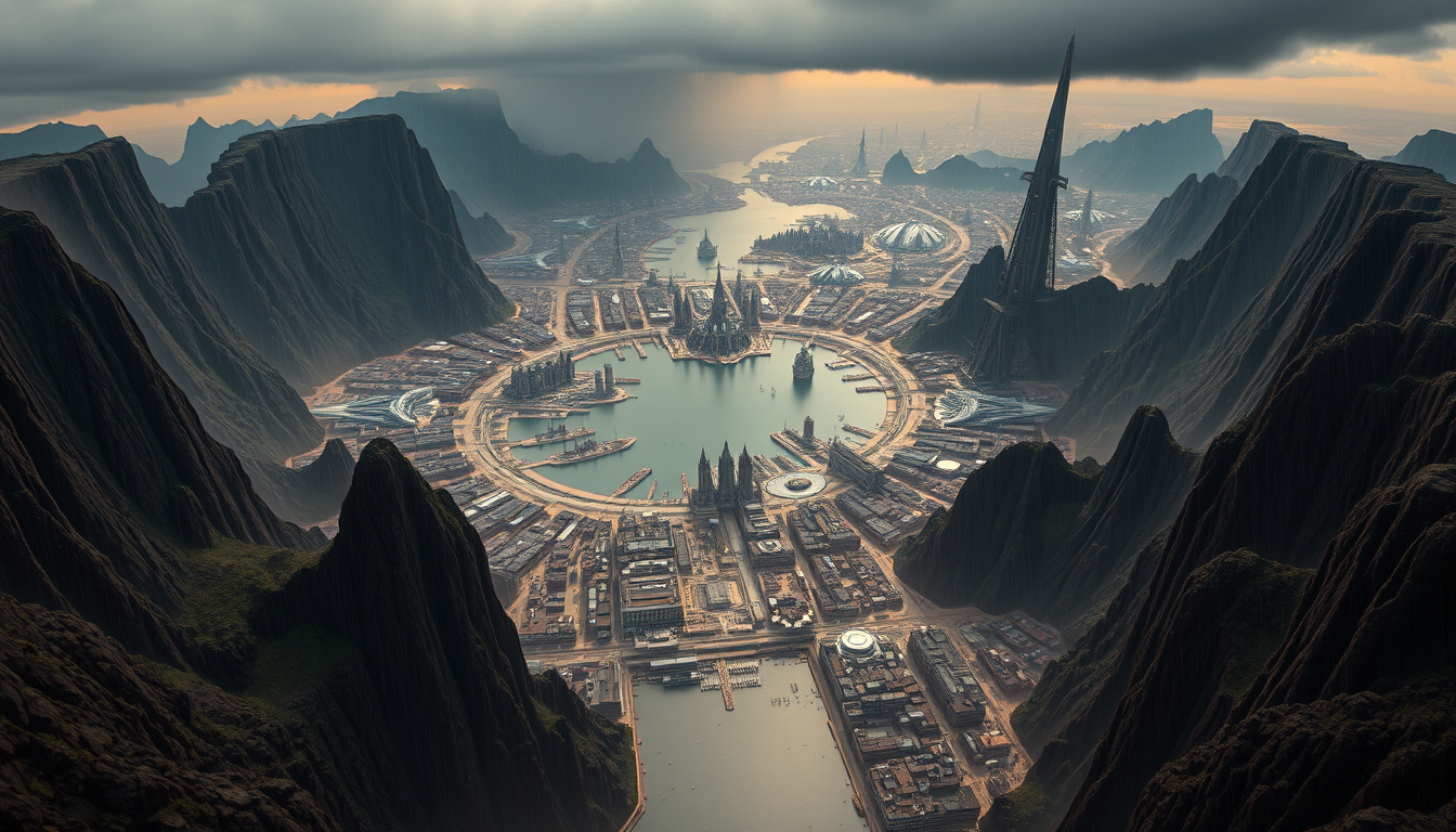 Main art studio: Cinematic aerial concept art of Dutse, a futuristic metropolis of 25 million people inside an 80 km volcanic caldera on an alien world. A vast ocean e