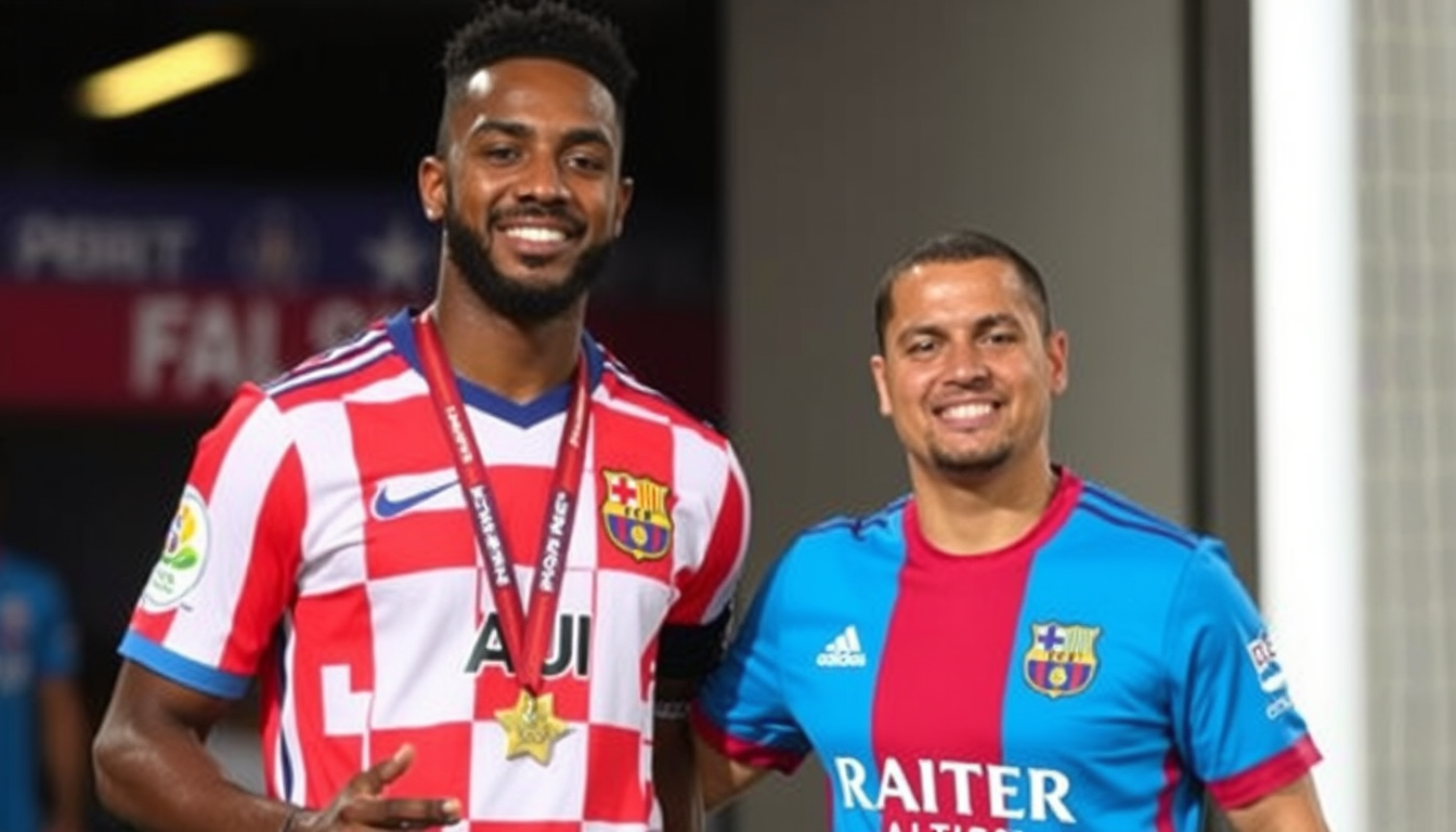 Main art studio: Lamine Yamal con la champions y la camiseta del barca actual acompañado por Raphina