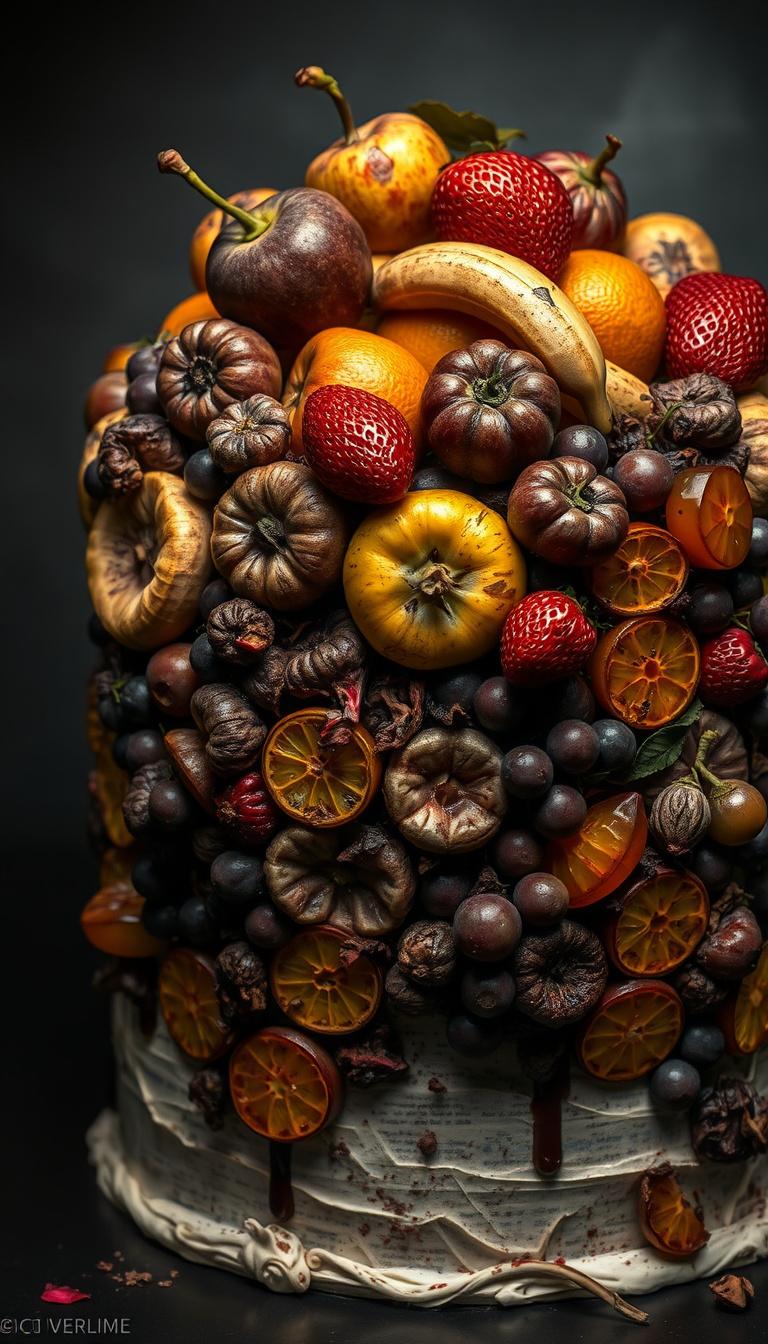 Main art studio: Ultra-realistic rotten fruit-themed cake covered in decaying fruit, including moldy apples, brown bananas, rotten strawberries, spoiled oranges, and o