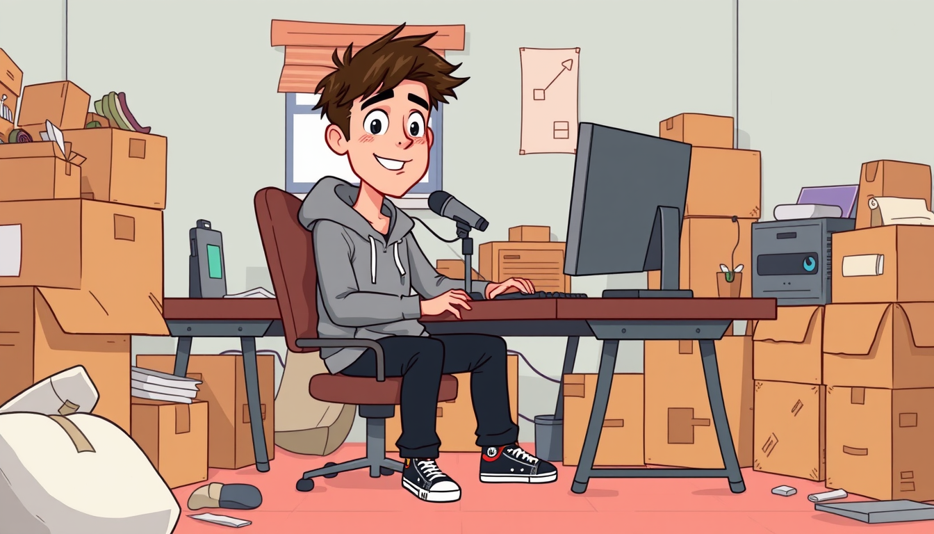 AI Art prompt example created from the prompt: Original 2D cartoon storytime narrator, young adult male with a casual mature look, messy dark brown hair, expressive eyes, gray hoodie and