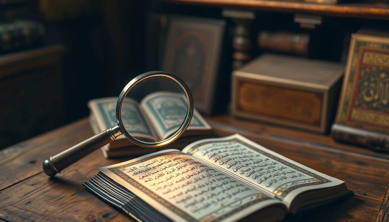 Main art studio: A glowing magnifying glass resting over an open Quran and authentic Islamic manuscripts on an old wooden desk, symbolizing verification through authen