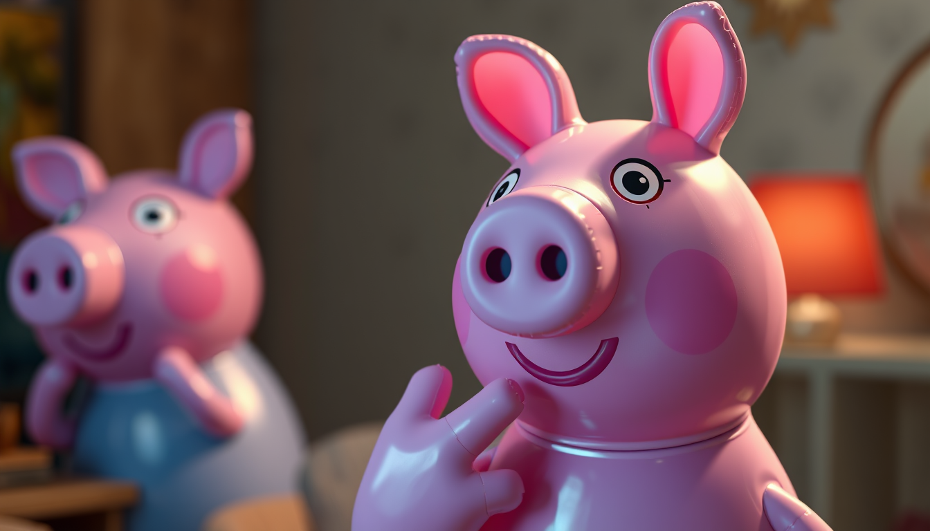 Realistic Images idea: photorealistic generated image, natural materials and skin texture, physically plausible lighting, Inflatable Peppa Pig with finger your lips and snap