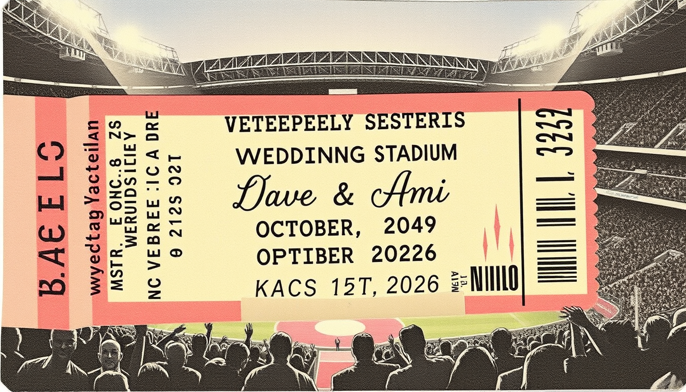 Main art studio: an invitation to the wedding of zDave and Ani, october 2nd 2026 in the form of a wembley stadium concert ticket circa 1985