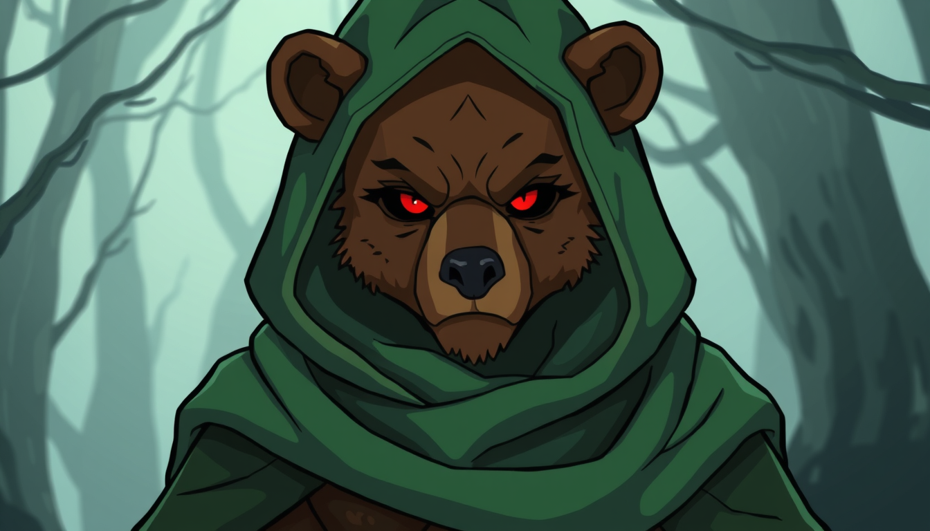 Main art studio: fantasy cartoon artstyle. A druid with a green cloak with a hood on. The character wears a bear face to cover his face. Only the humans eyes are visib