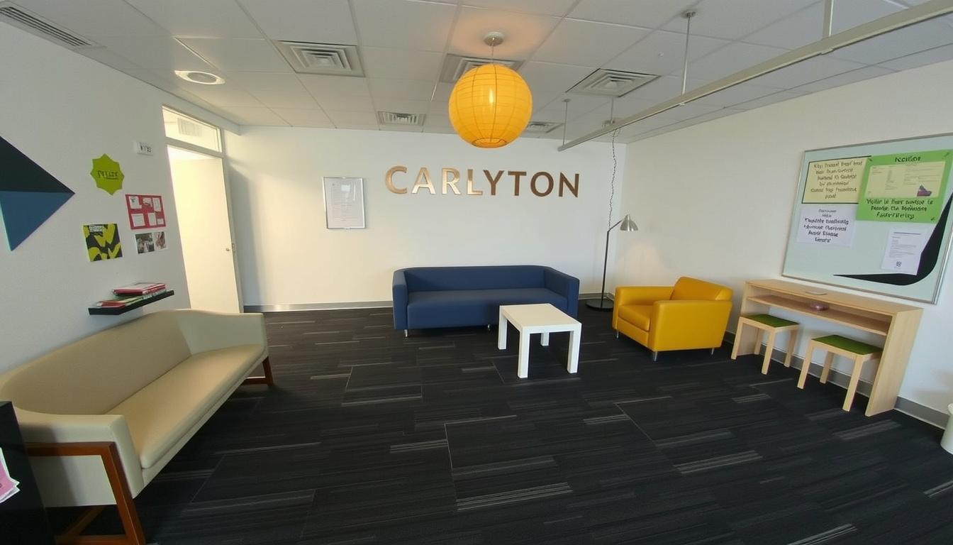 Main art studio: Transform this into reception/waiting room for a tutoring center called Institut Carlton Palette is white, blue and yellow