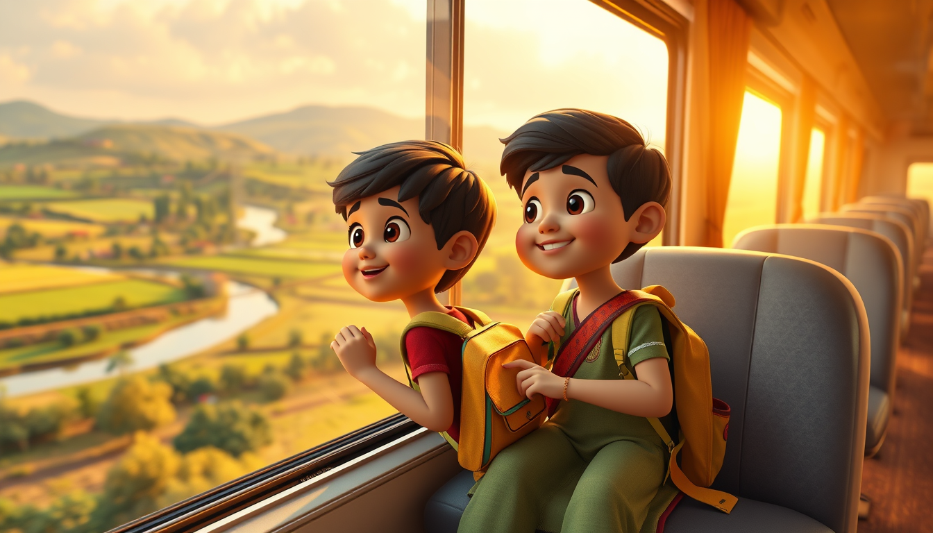 Main art studio: “Create a heartwarming cinematic 3D animated scene of two cute Indian children traveling by train to their nani’s village for summer vacation. They si