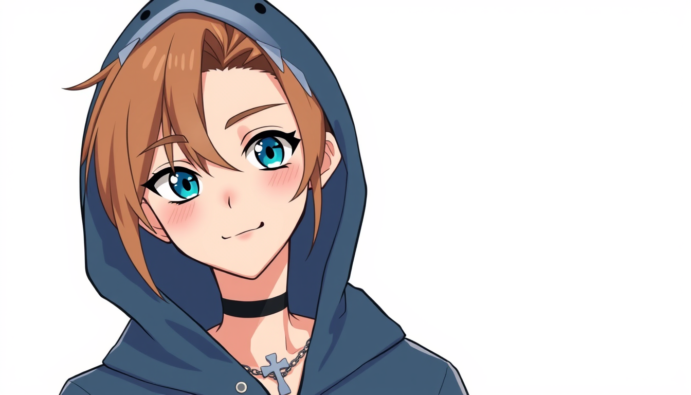 VTuber idea: vtuber avatar character, anime style, expressive face, streaming-ready design, Make a male vtuber with a cross necklace and a shark hoodie that cute a