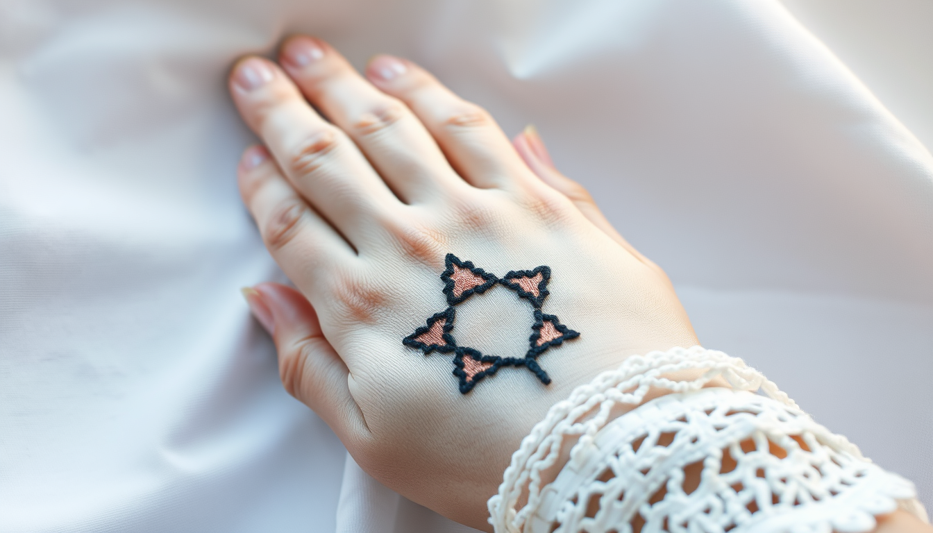 Main art studio: banner die Hand von Fatima mit einem Auge drin. In weiß als symbol keine echte hand