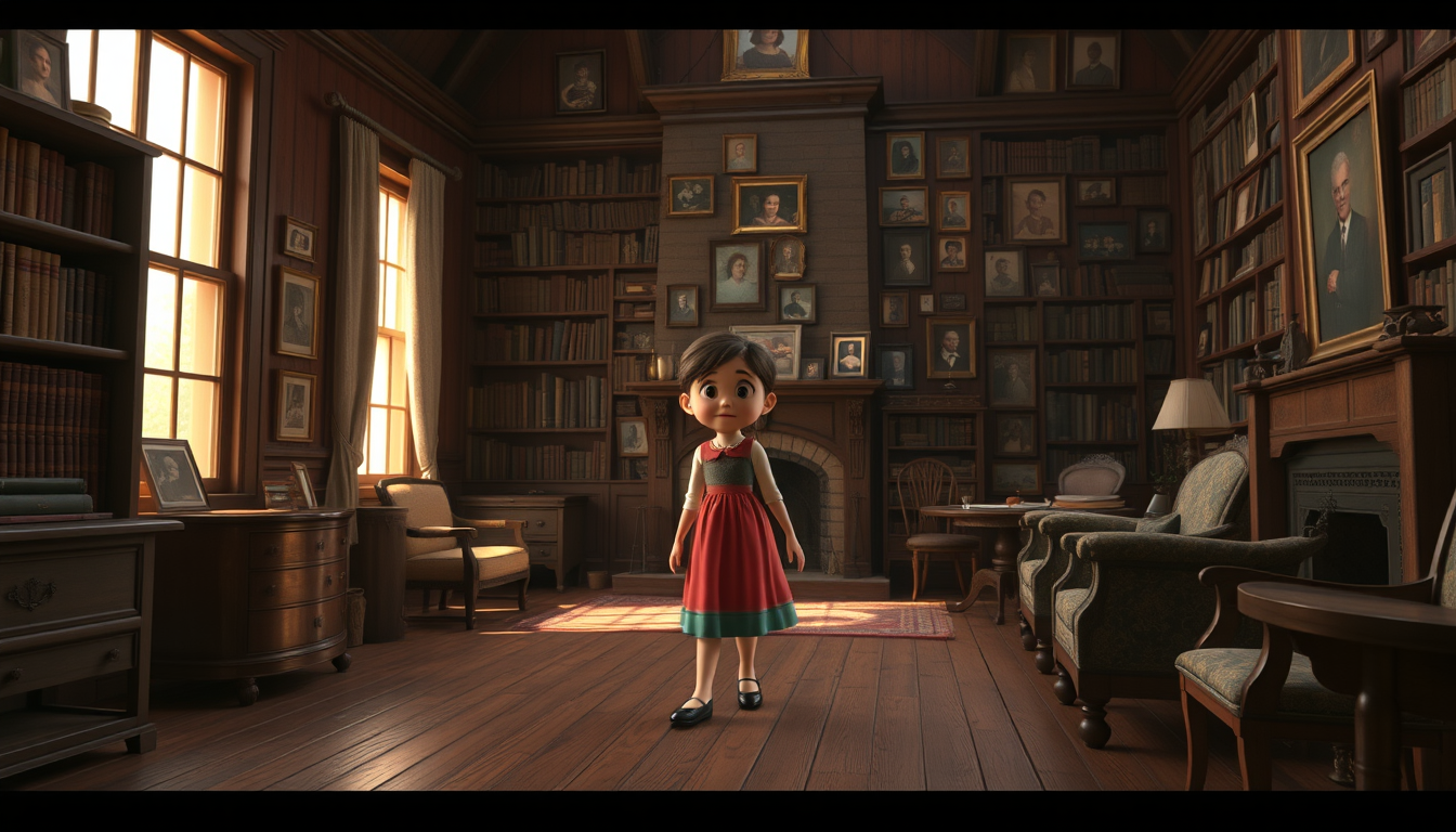Main art studio: Inside the Old HousePrompt:Emma walking through Grandma Rose’s beautiful 100-year-old wooden house, creaky wooden floors, dusty bookshelves, old firep