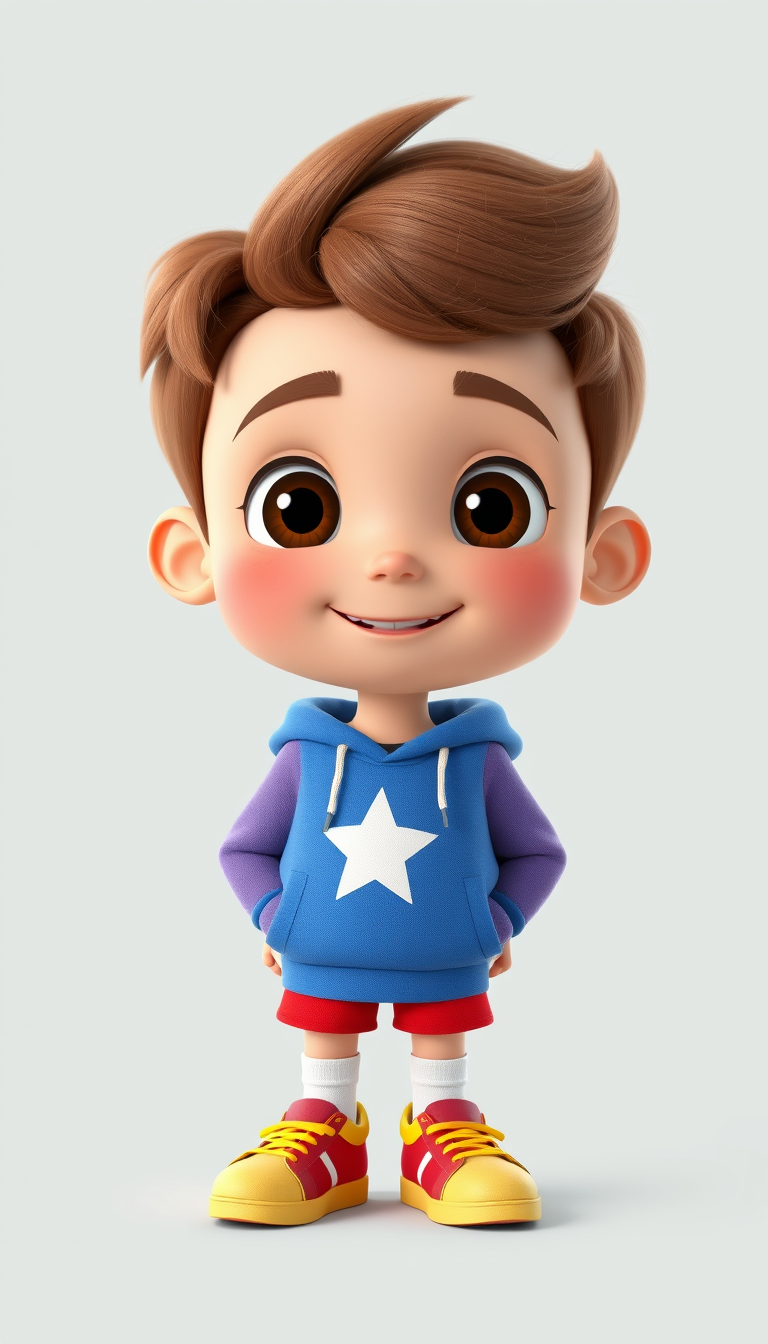 Main art studio: Create a high-quality, colorful 3D animated children's cartoon character for a family-friendly animated adventure. Character: Max, an 8-year-old boy w