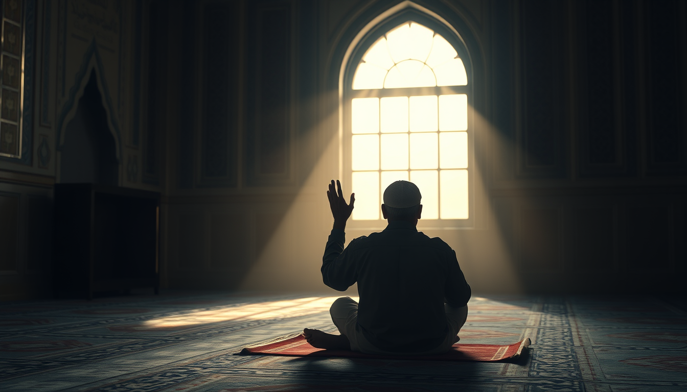 Main art studio: A humble Muslim man sitting alone on a prayer mat during Tahajjud, hands raised in sincere dua, soft moonlight entering through a mosque window, emoti