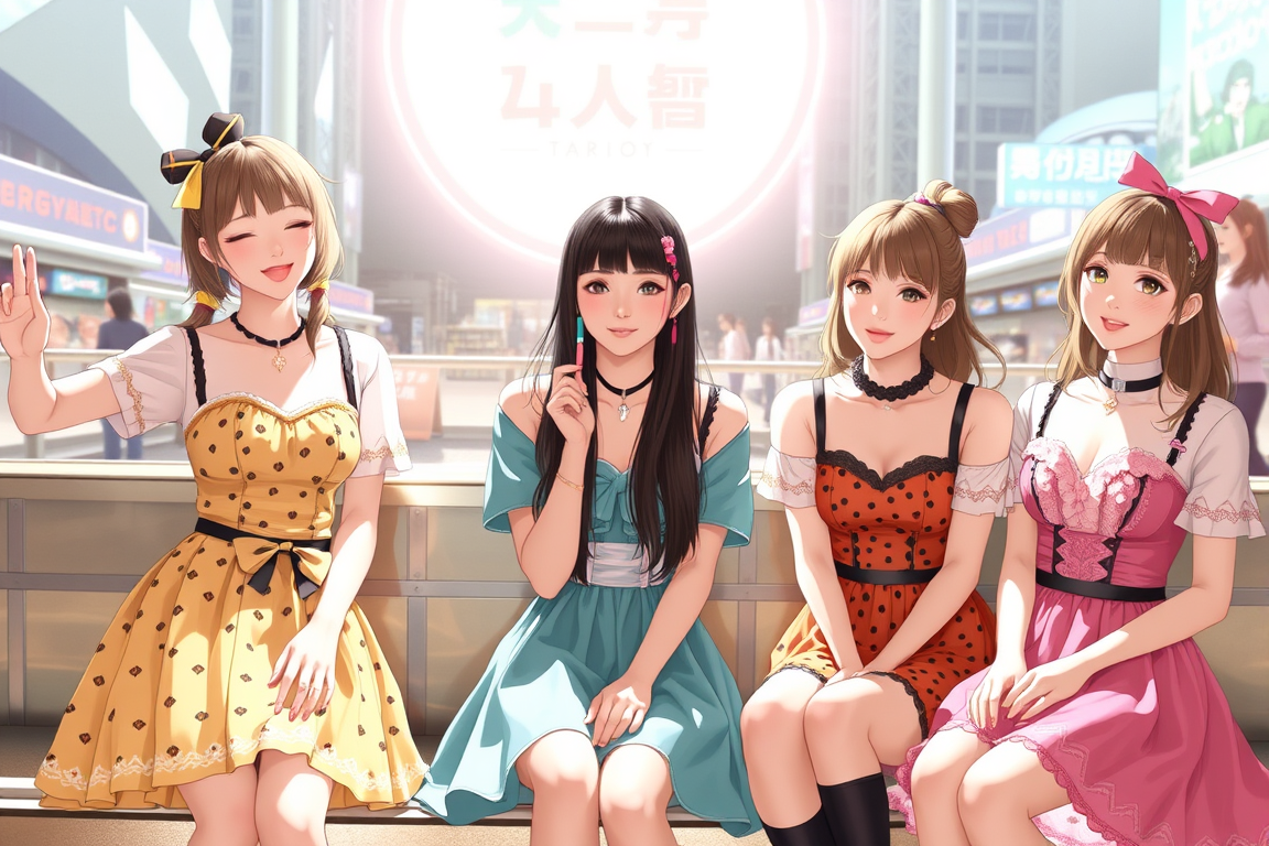 Main art studio: 4人組の韓国女性アイドルグループ。未来的、SF、デジタル、幻想的な世界観。現実と仮想世界が融合したような雰囲気で、強くクールな印象。メタリックな衣装、青、紫、シルバー、黒の色彩。近未来的な巨大都市を背景に、4人が堂々と立っているK-POP公式コンセプト写真。