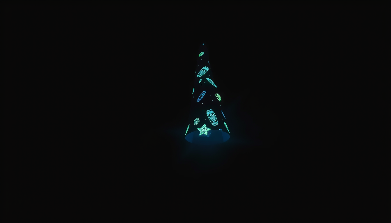 Main art studio: just a wizard hat, falling through darkness, there is nothing else. and its glowing. i want this pic to be an invite for a group of friends who come t