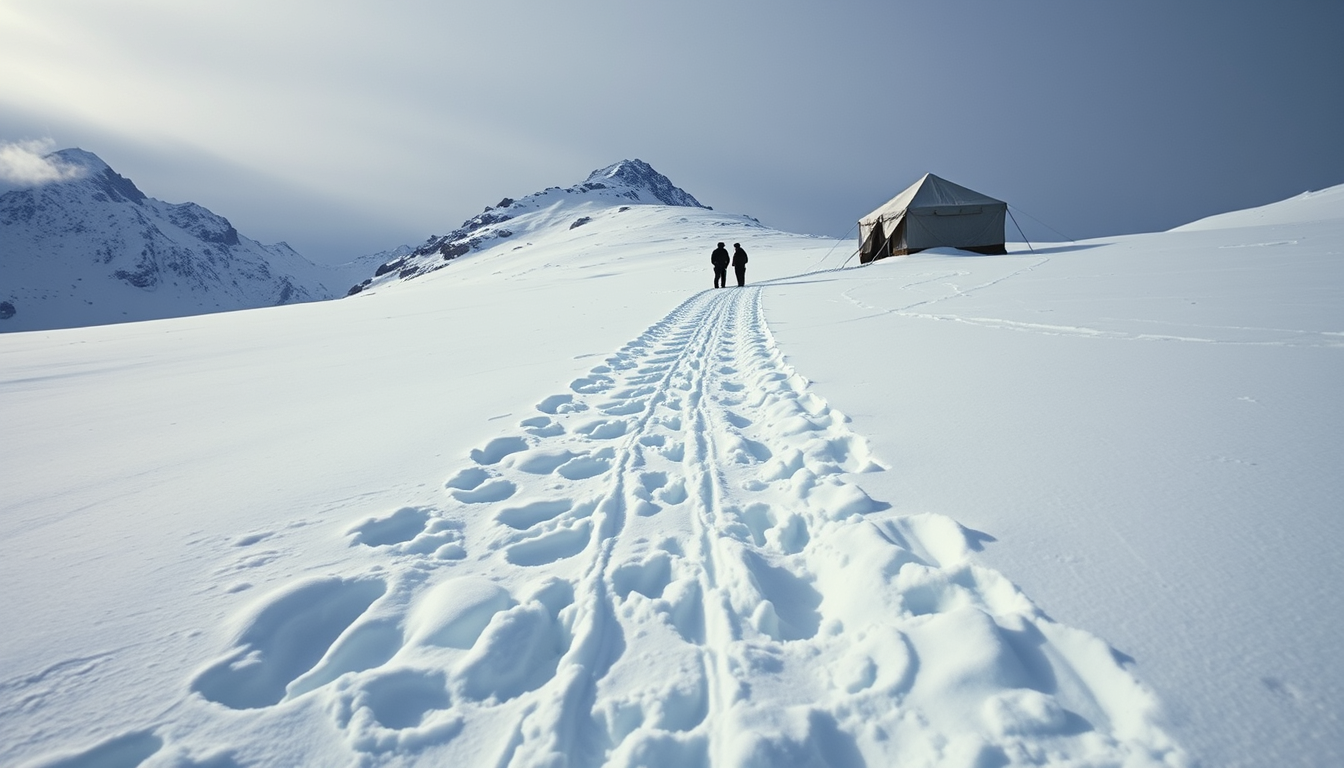 Main art studio: Fresh-looking tracks leading away from an abandoned Soviet expedition tent across deep snow on a remote Ural Mountains slope, 1959, searchers carefull