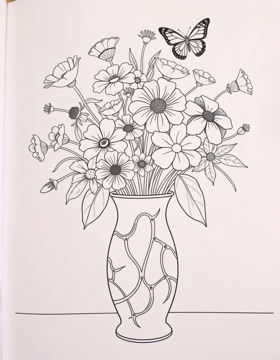 AI Art prompt example created from the prompt: Flowers coloring book, vase, various, butterfly, shaded, outline, uncolored, detailed