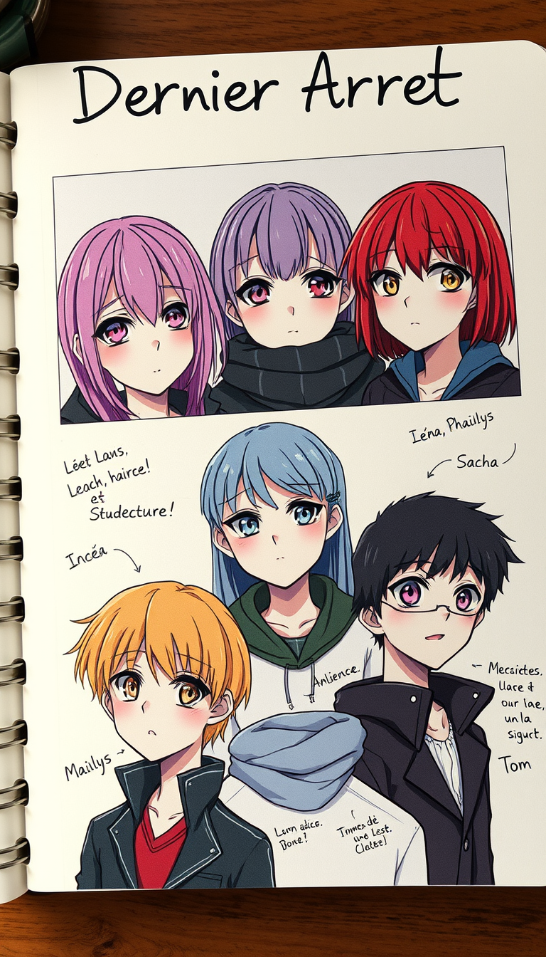 Anime idea: anime style, vibrant colors, expressive eyes, Page de cahier ligné, titre manuscrit « Dernier Arrêt ». Collage anime avec une photo de groupe de 5 ado
