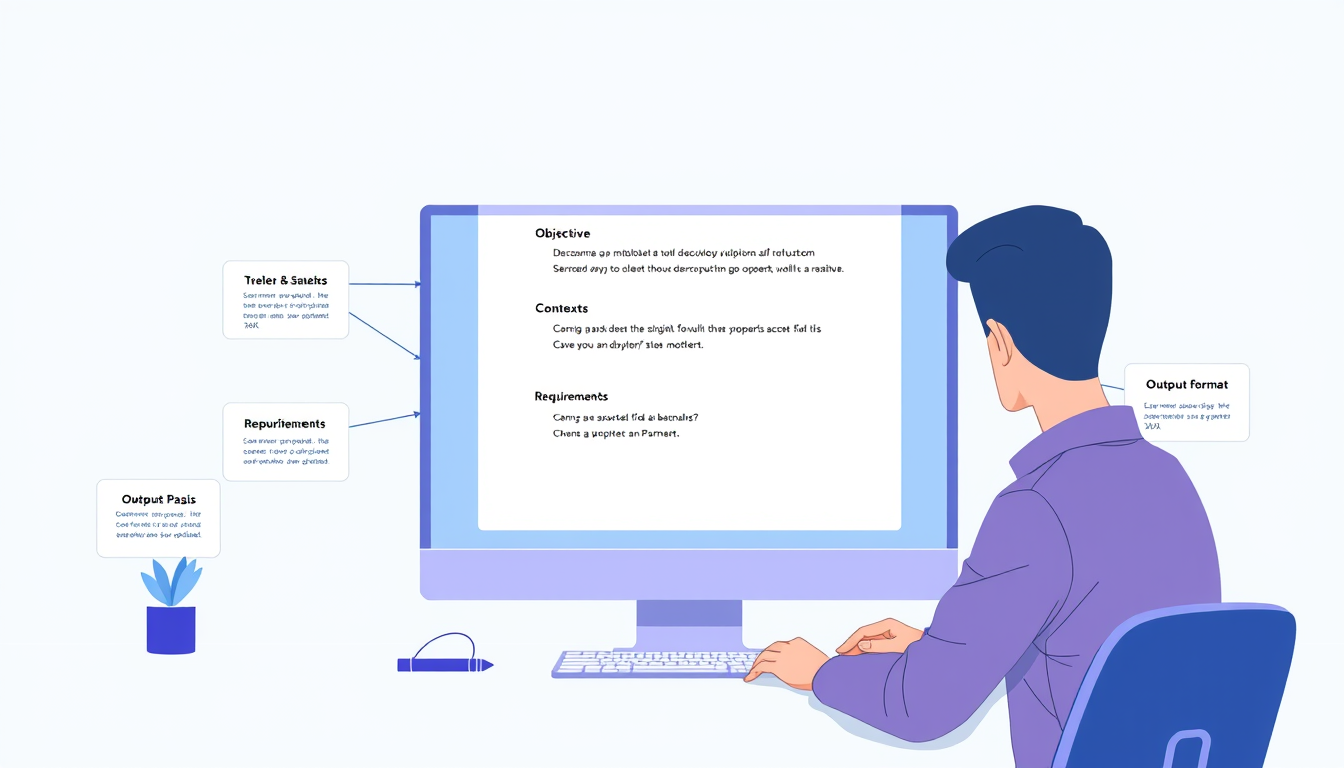 Main art studio: A professional digital illustration showing a beginner constructing a clear AI prompt using organized sections for objective, context, requirements, a
