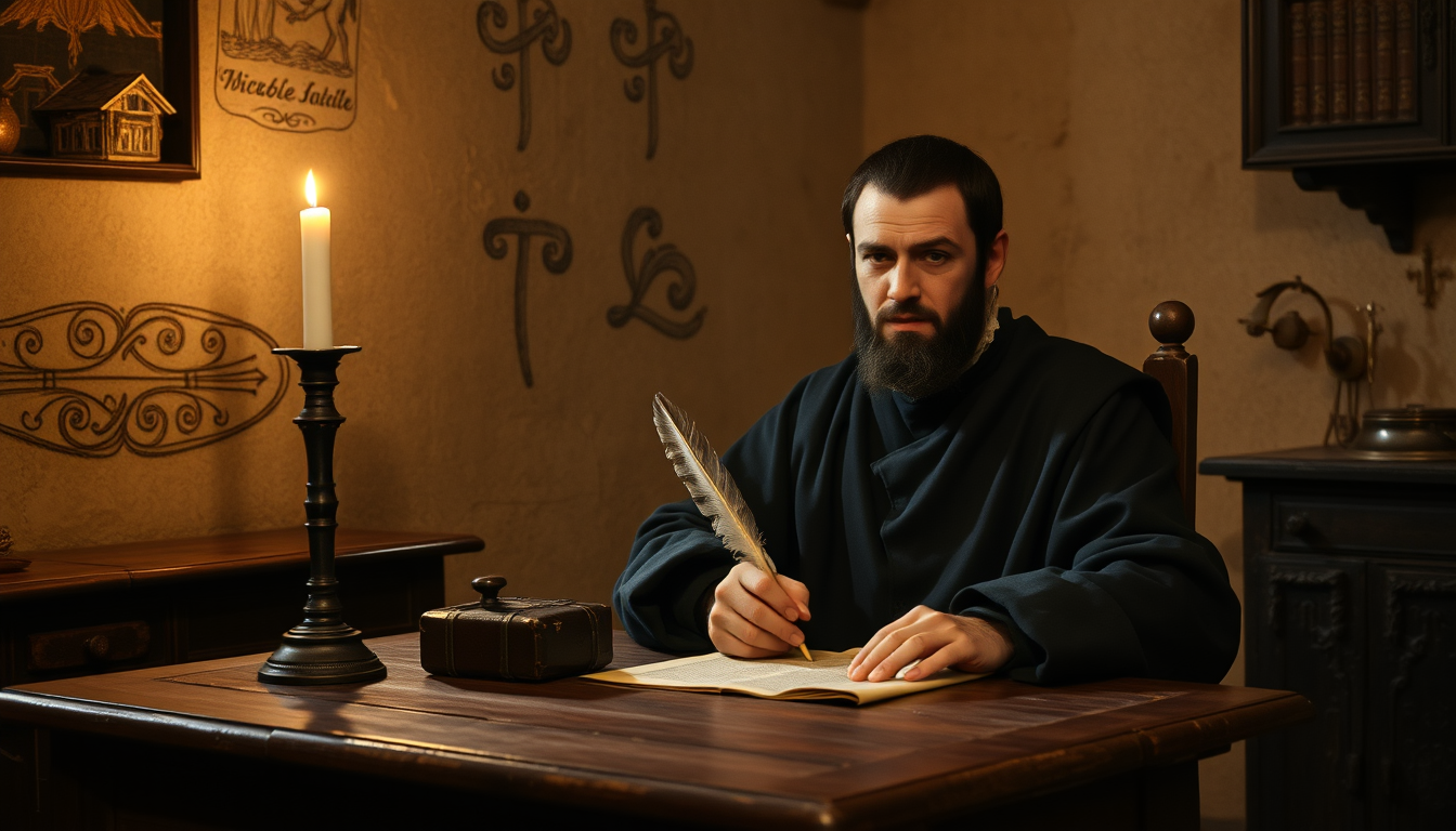 AI Art prompt example created from the prompt: Niccolo Machiavelli sitting at an old wooden desk in a modest Italian countryside room in 1513, writing with a feather quill on parchment, w