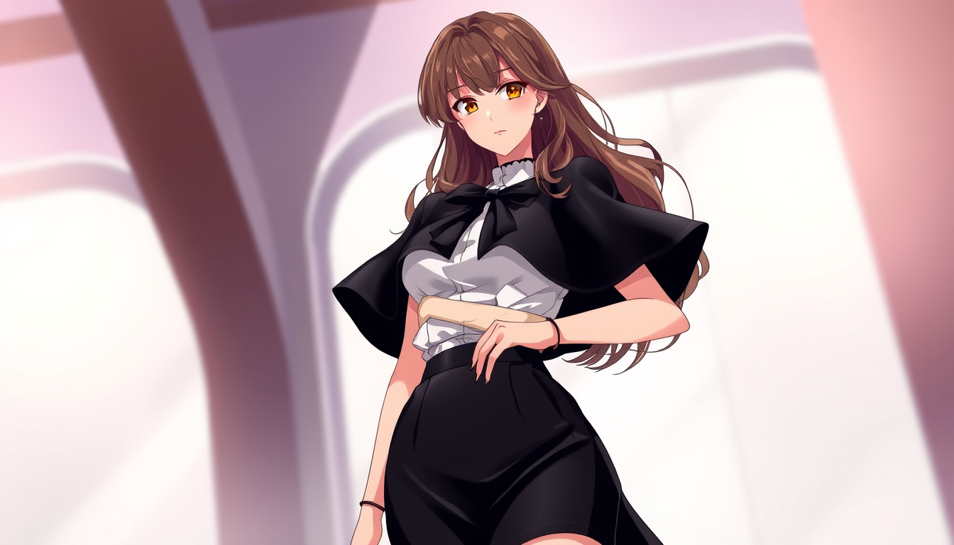 Main art studio: Jolie femme anime en mini jupe en satin noir et doré qui soulève celle ci (la jupe). Image très glamour.