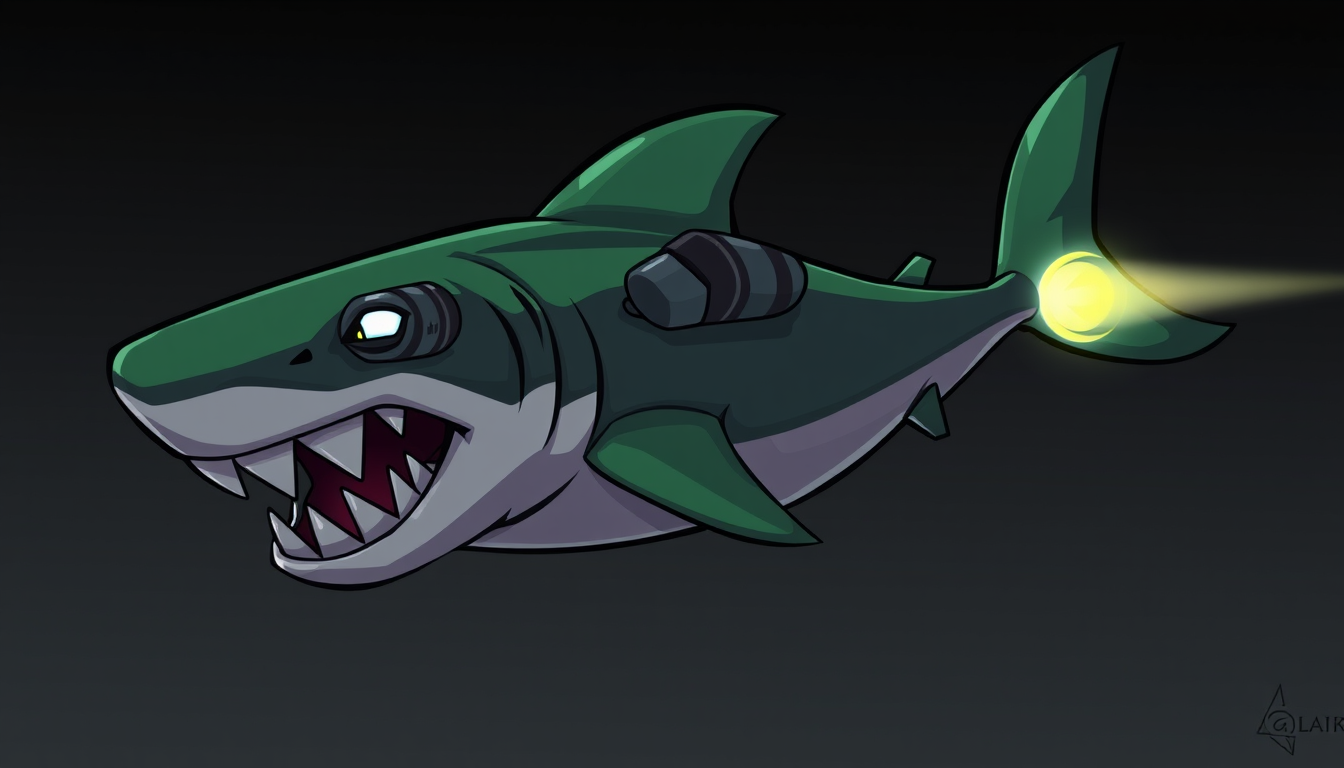 Main art studio: Turn the original cannon shark design into a 2D cartoon game illustration. Keep the exact shark shape, cannon placement, green and black colors, glowi