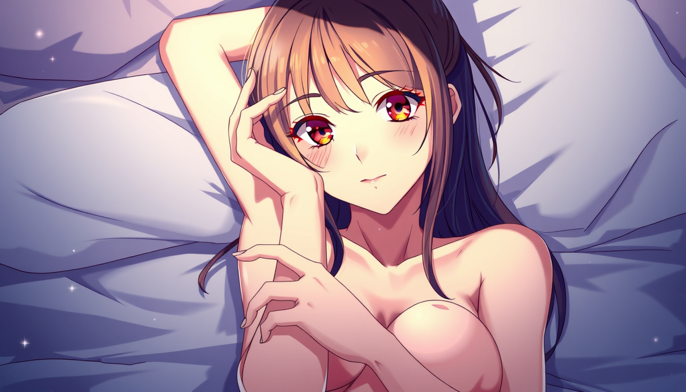 Anime idea: anime style, vibrant colors, expressive eyes, Mach mir ein Bild mit einer nackten Frau die ihre titen mit nippeln zeigt und in Stern Pose liegt , deta