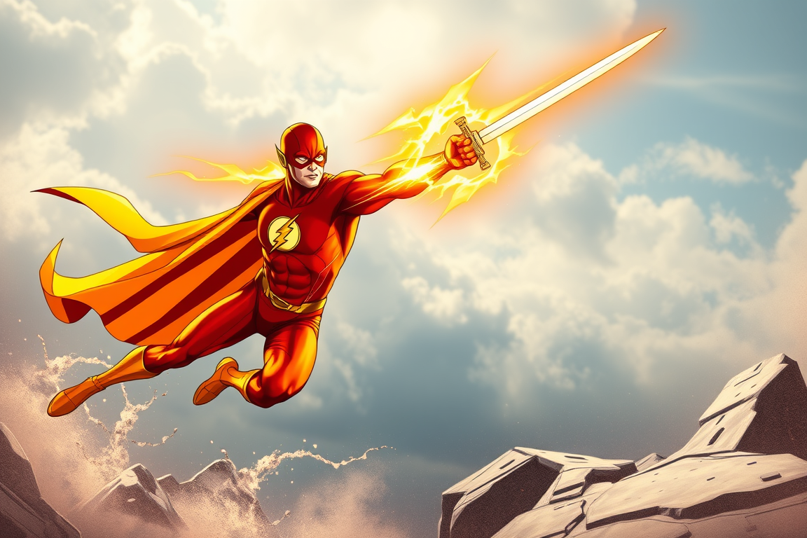Main art studio: Superhero Flash doing a fleche with a sword in his hand