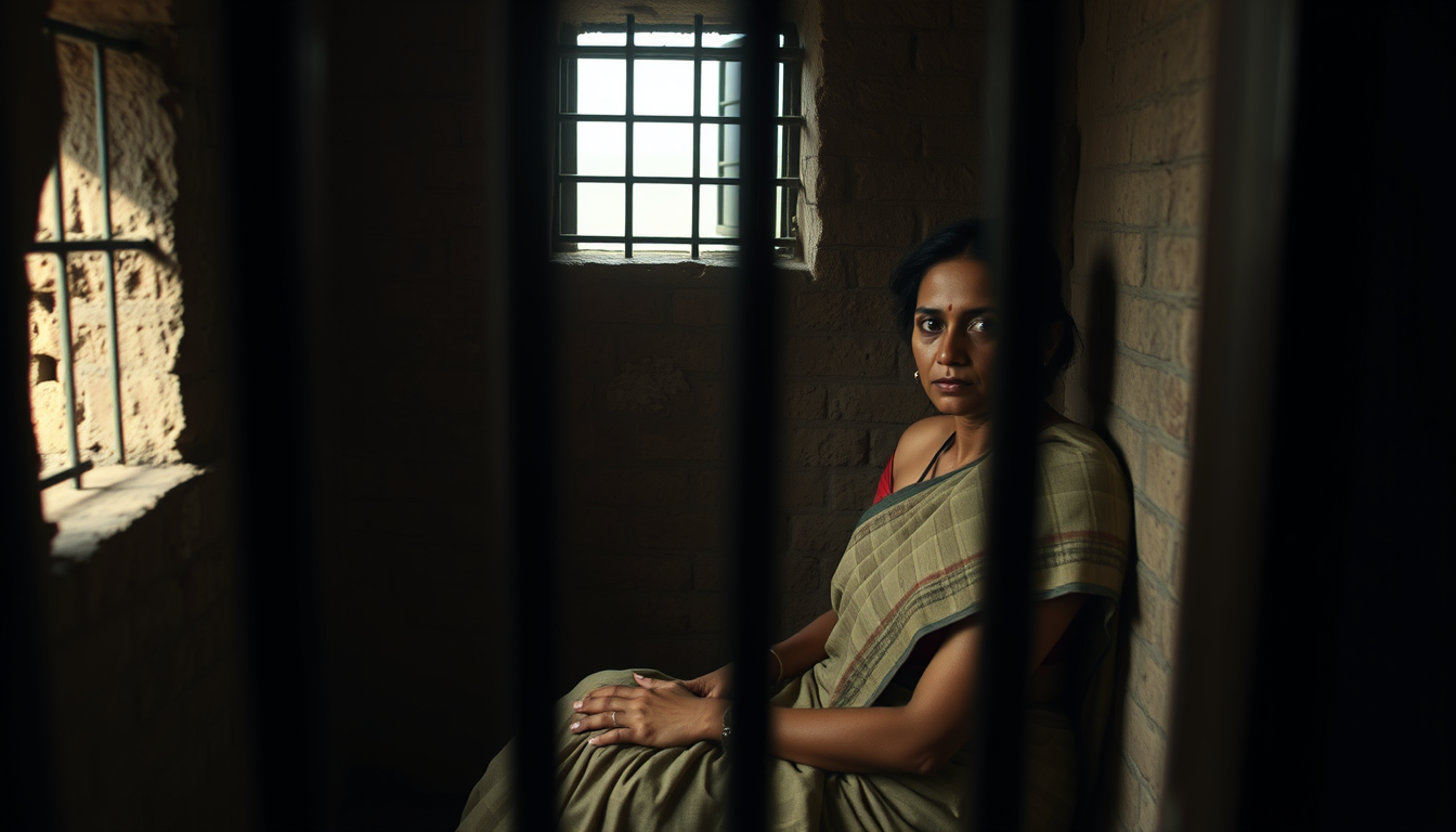 Main art studio: Ultra photorealistic cinematic 4K historical reconstruction of Neera Arya sitting inside a small colonial prison cell, wearing a simple traditional sa