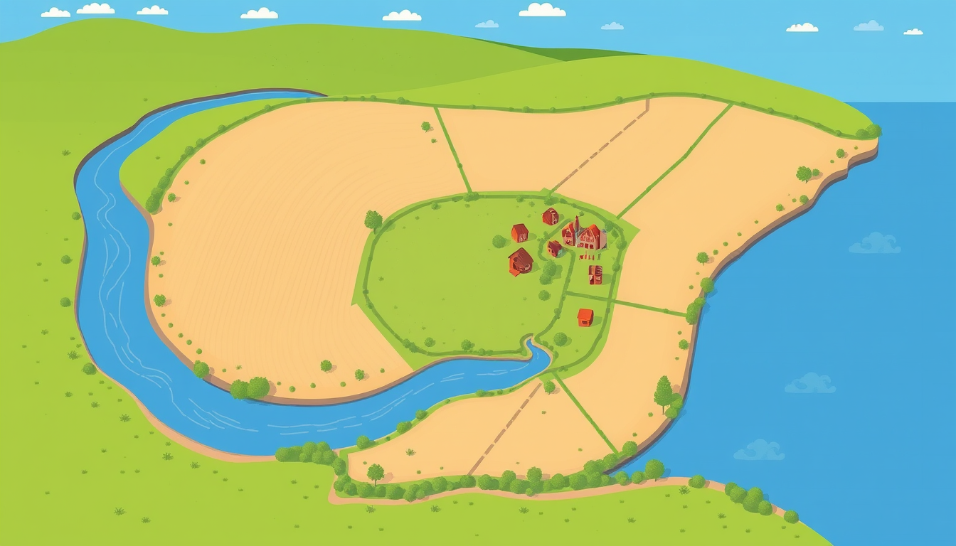 AI Art prompt example created from the prompt: Child-friendly flat illustration of a Stone Age landscape in bird’s-eye view, landscape format. A river winds from the top left to the botto