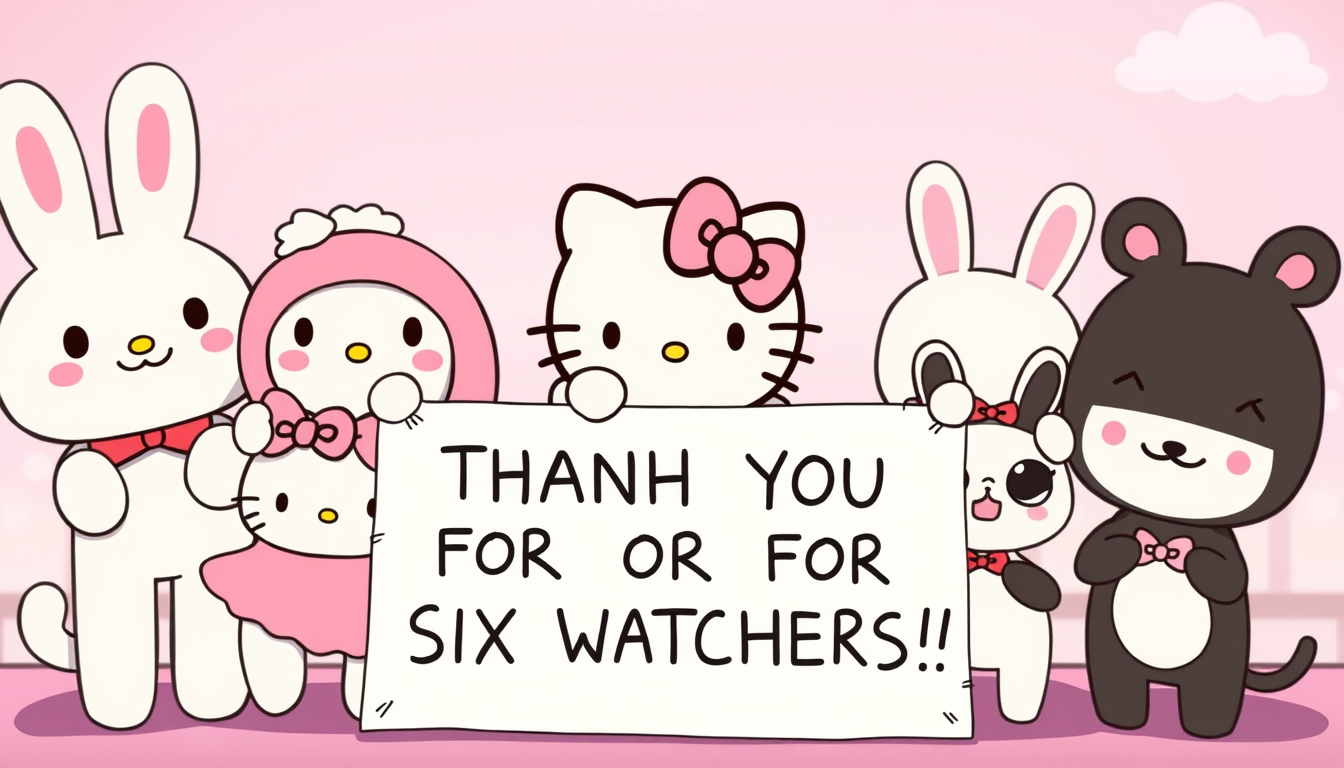 Main art studio: Cinnamoroll, My Melody, Hello Kitty, Pochocco, Pompom Purin, Kuromi, Kuro kuro kuropi, and Tuxedo Sam characters holding up a sign saying "THANK YOU F