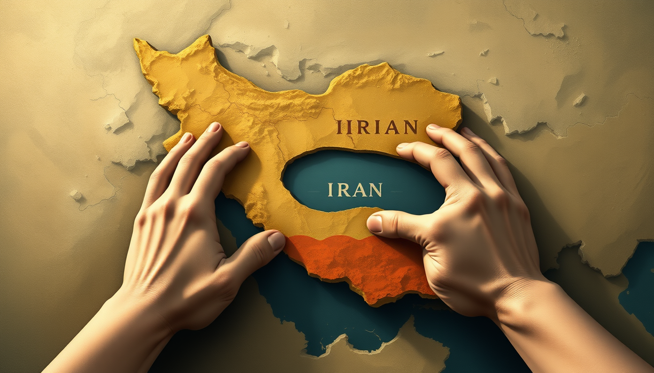 Main art studio: Emotional surreal concept art: Iran's recognizable geographic shape lovingly embraces the Caspian Sea in the NORTH, like a mother protecting her child