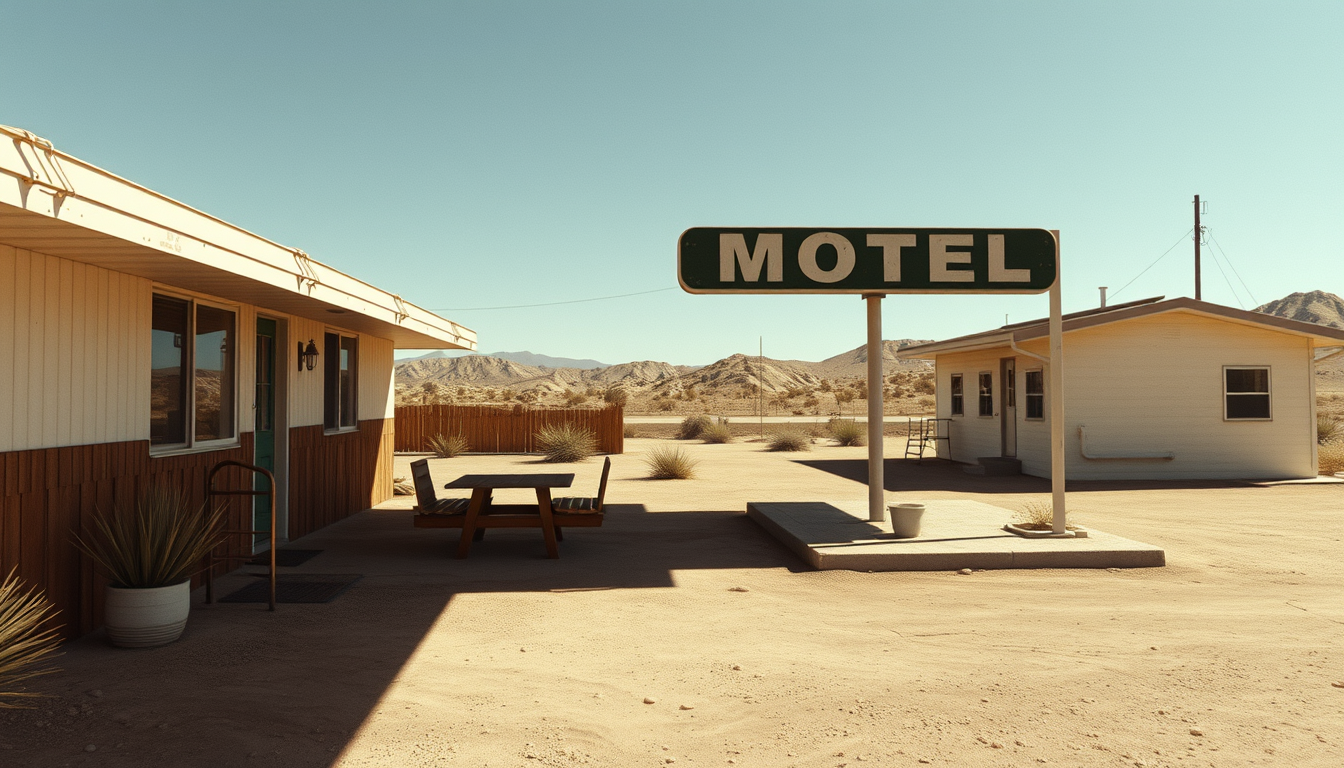 Realistic AI Image idea created from the prompt: photorealistic generated image, natural materials and skin texture, physically plausible lighting, A quiet desert motel at noon, faded paint