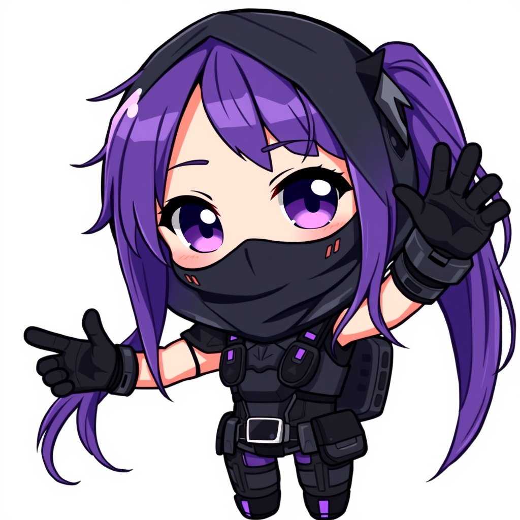 Main art studio: Cute chibi female cyberpunk warrior with long flowing purple hair, violet highlights, large purple eyes, dark metallic face mask, black and dark gray