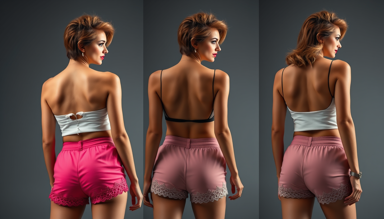 Main art studio: A cinematic fashion promo follows an adult woman with a striking hairstyle and confident presence. She wears a fitted crop top with colorful soft-cott