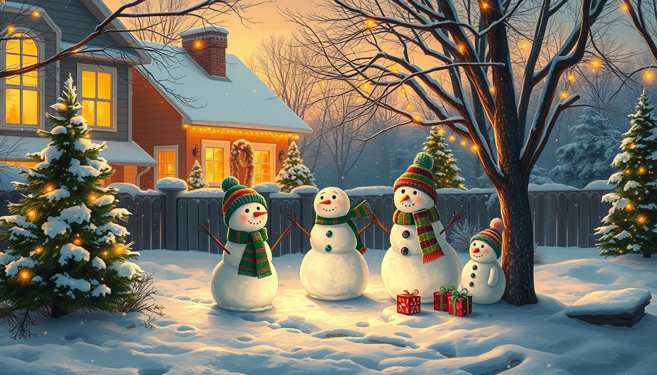 Christmas Photos idea: Christmas holiday scene, warm festive lighting, evergreen and gold palette, a family of snowmen in a snowy backyard at dusk , greeting-card compositio