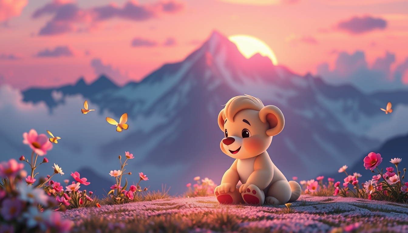 Main art studio: Un petit ourson mignon assis devant une montagne rose au coucher du soleil, entouré de fleurs et de papillons. Ciel pastel, arc-en-ciel lumineux, nuag