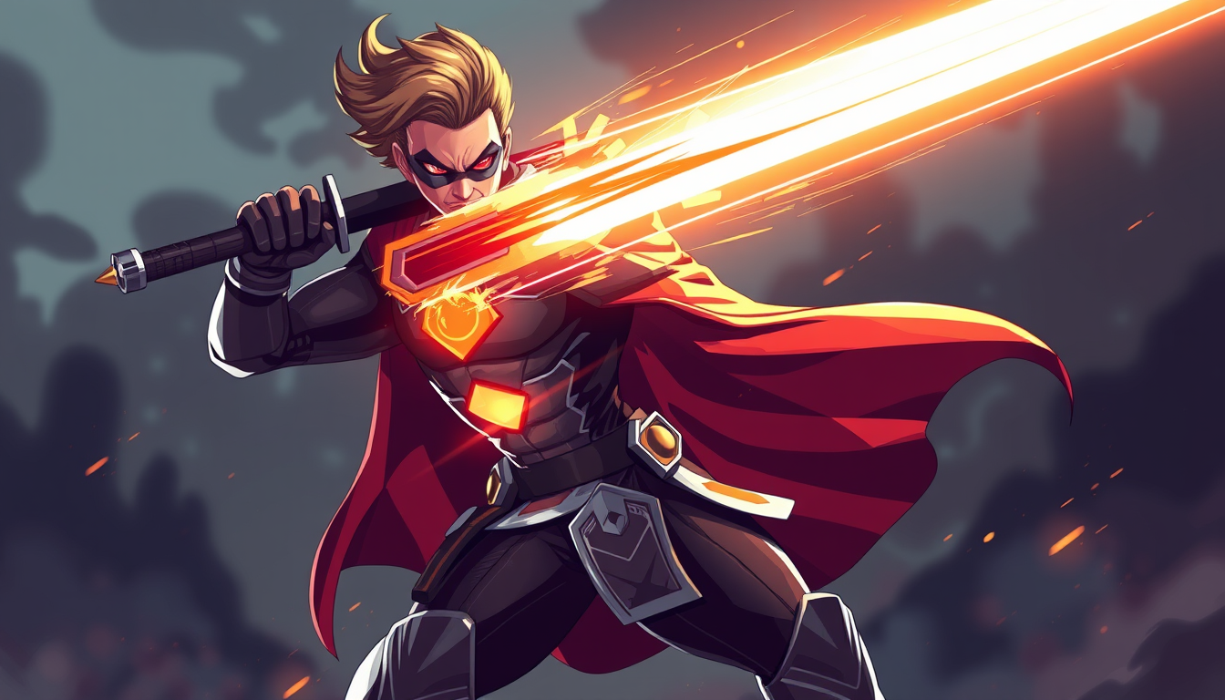Superhero idea created from the prompt: original superhero character design, dynamic pose, bold costume, dramatic lighting, comic art energy, pixel art style spritesheet of hero wi