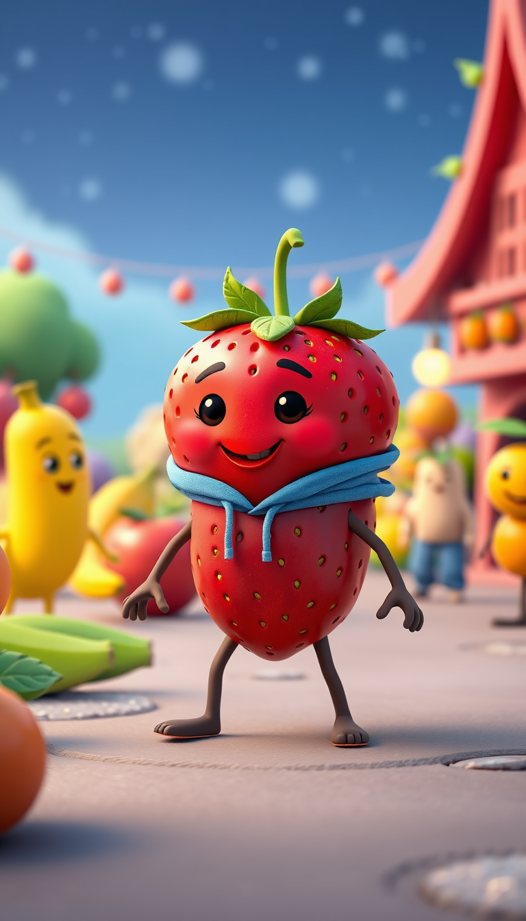 Main art studio: A cute anthropomorphic strawberry character with arms, legs and a funny expressive face, wearing a small blue hoodie, standing in a colorful magical f
