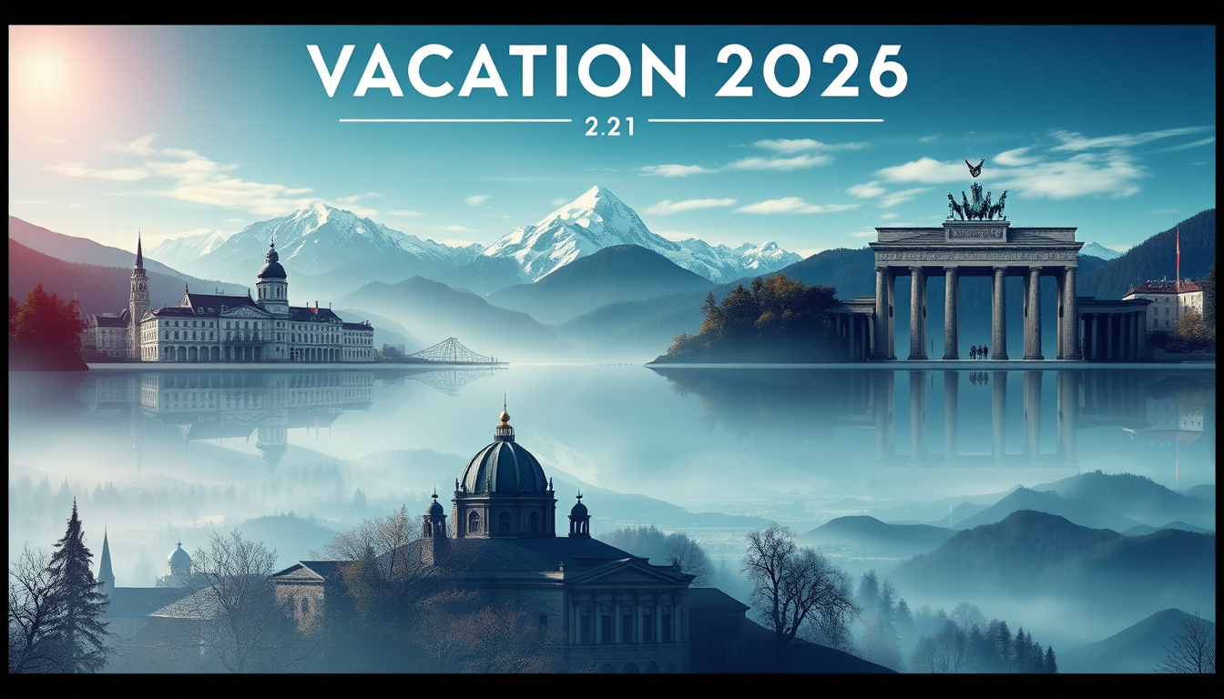 AI Art prompt example created from the prompt: Design a premium, cinematic travel poster titled "Vacation 2026". Visually represent Munich, Bayrischzell, and Berlin through their most ico