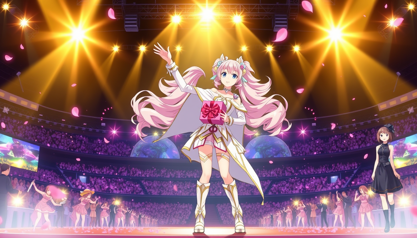 Main art studio: Create a spectacular Japanese anime episode thumbnail in 16:9 widescreen format. Episode 16 theme: “A Gift for Someone Dear! The Newcomer Kanezu Arriv