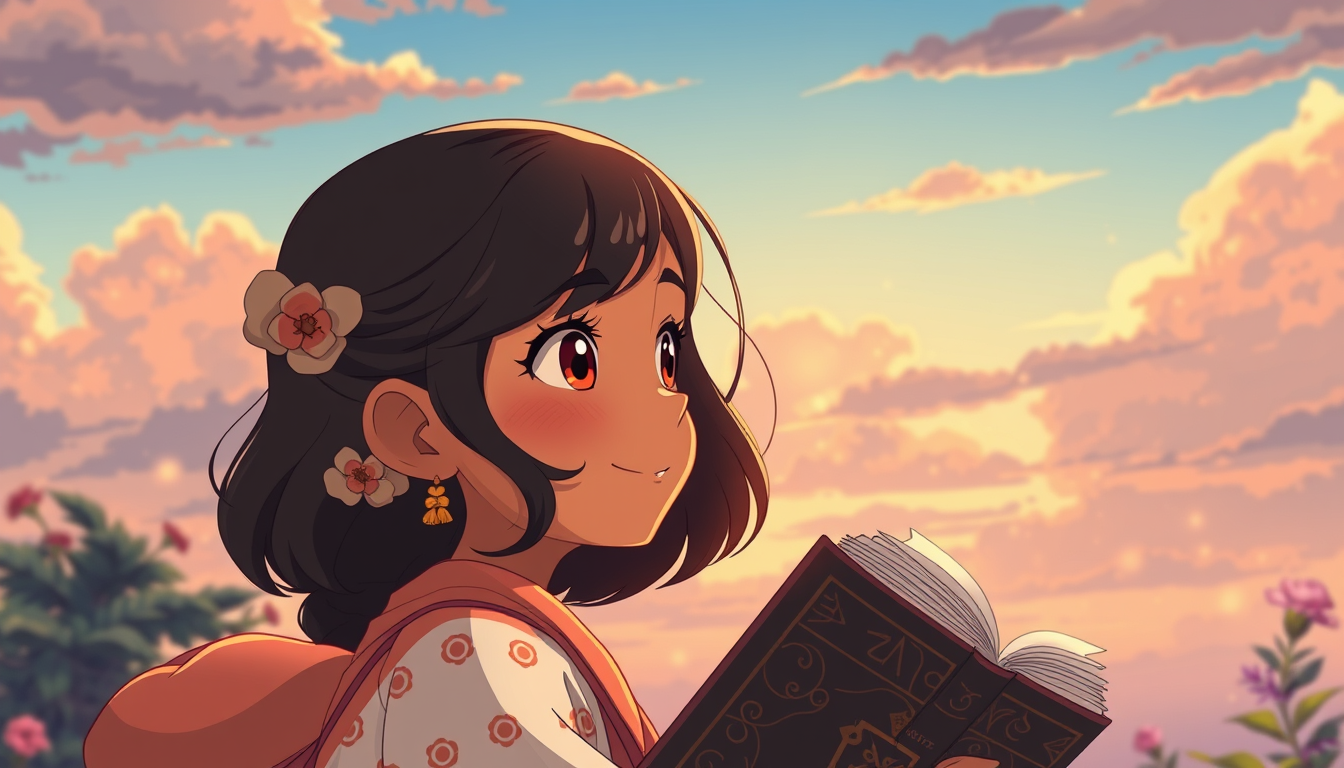 Anime idea: anime style, vibrant colors, expressive eyes, Create a beautiful anime-style short story about a quiet Indian girl who hides her sadness behind a love