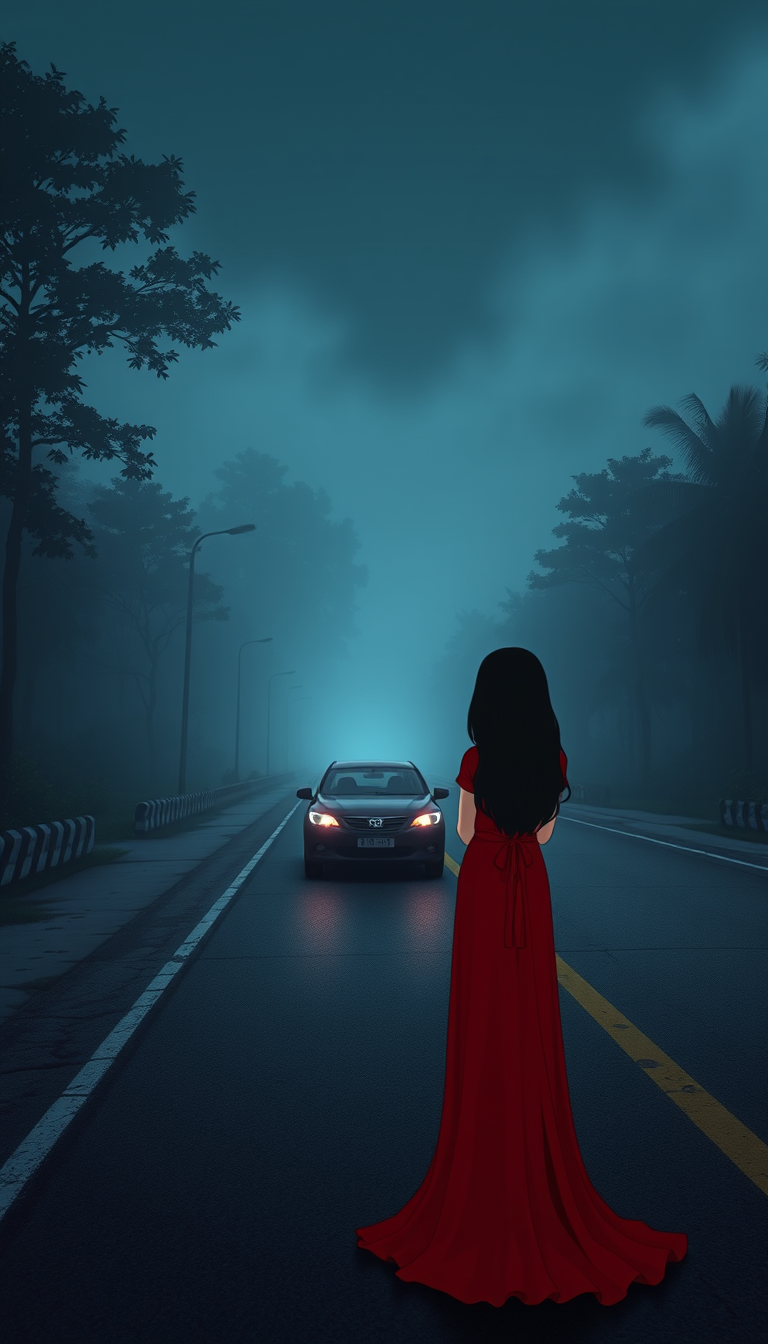 Main art studio: Anaya, a beautiful 23-year-old Indian ghost girl with long black hair, pale face and wearing a long red dress, standing alone beside an empty road at 
