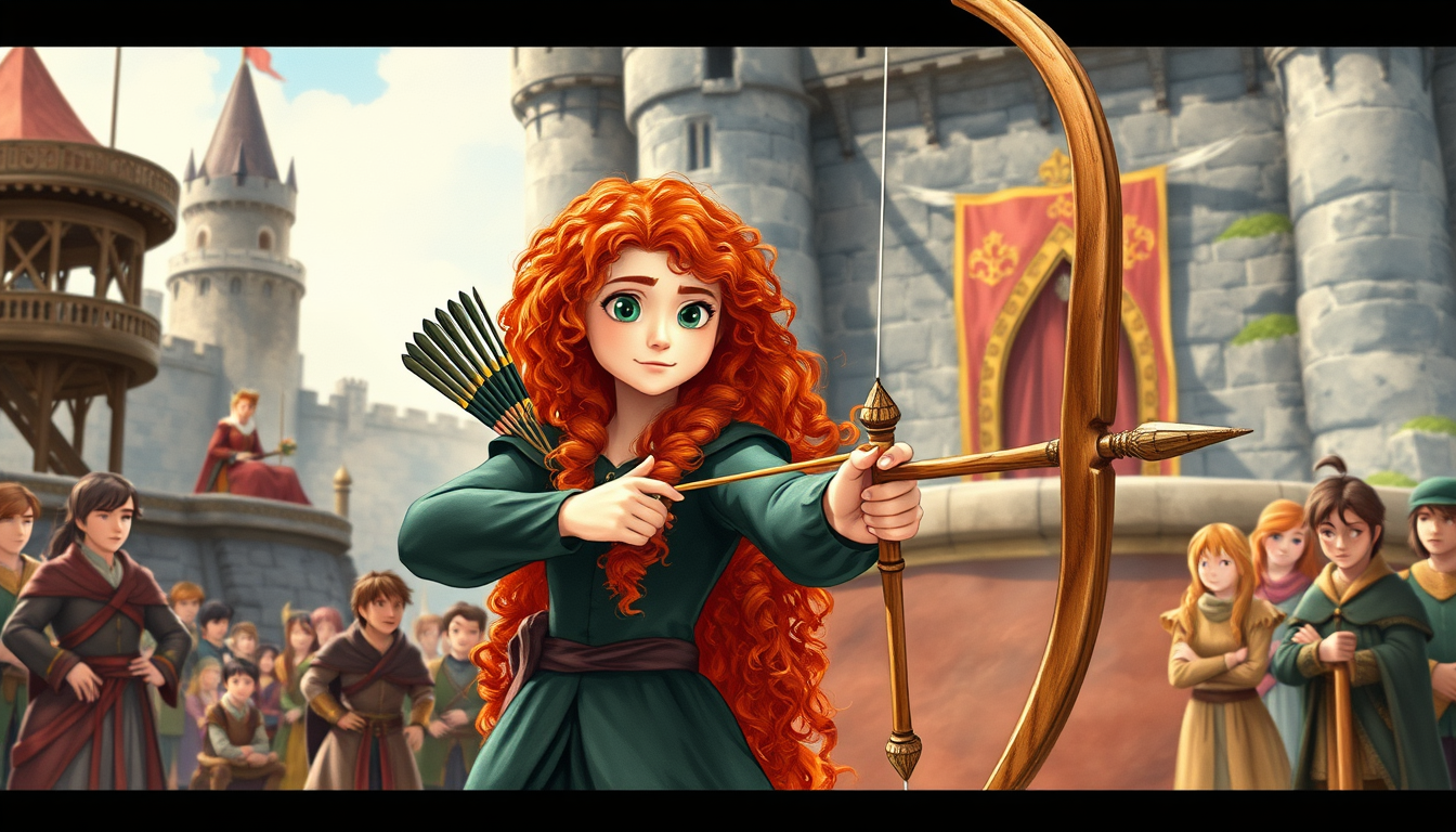 Main art studio: At a grand archery contest in DunBroch, Merida stands confidently with a wooden bow and arrow. She has very long wild curly bright red hair, green eye