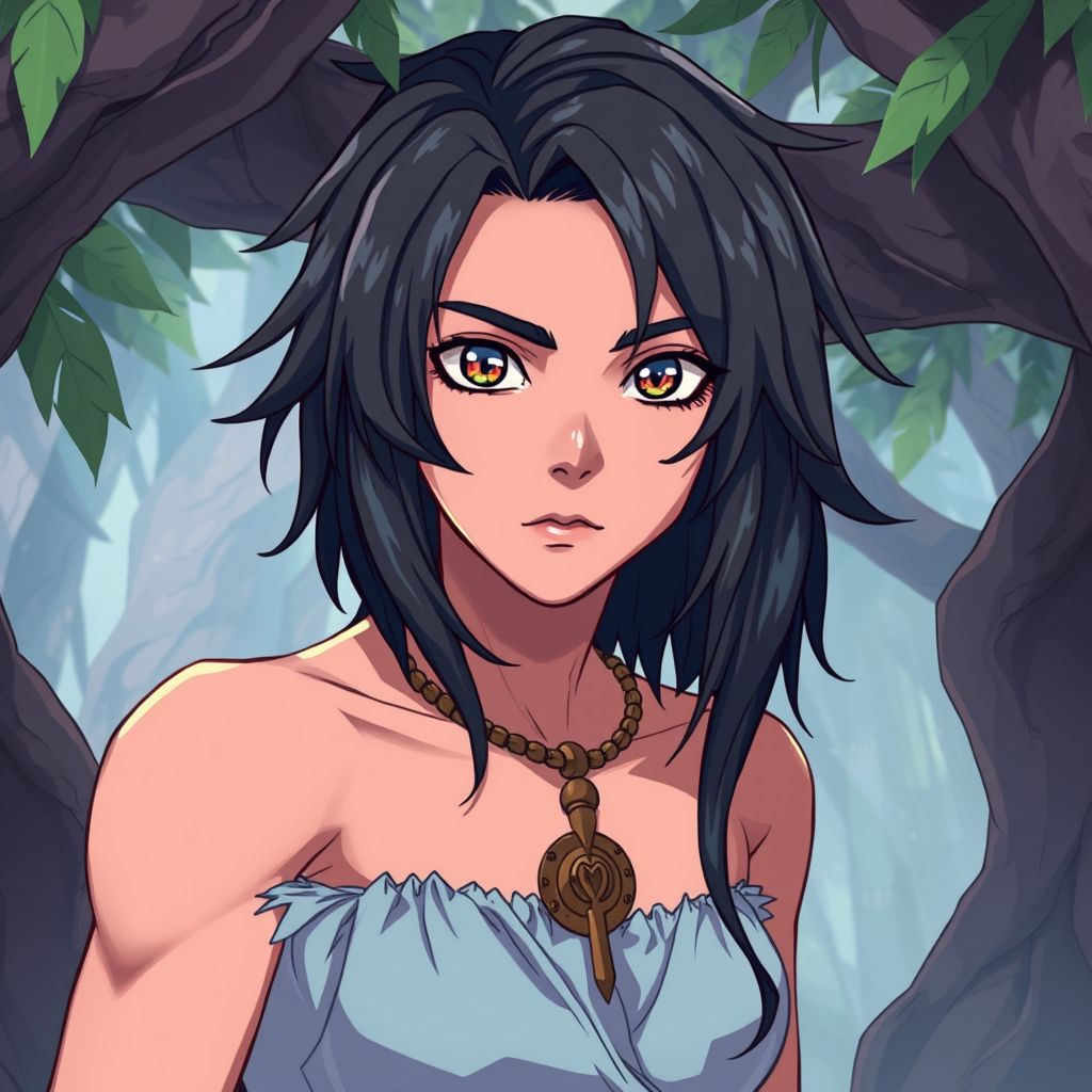 Anime idea: anime style, vibrant colors, expressive eyes, Kael is a 19 year old femboy who lives in the era 40,000 BCE he is a caveman very feminime slender body