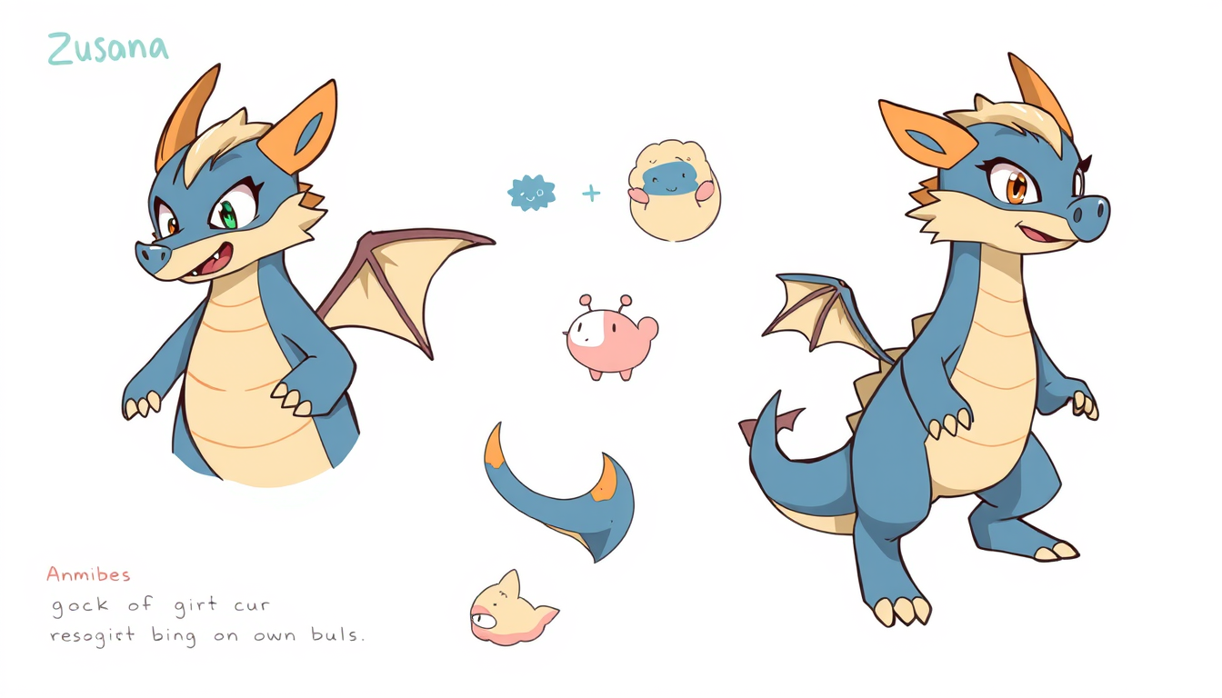 Fursona idea created from the prompt: fursona character, anthropomorphic animal design, expressive personality, reference sheet style, A blue cute, hungry, big dragon , clean fur